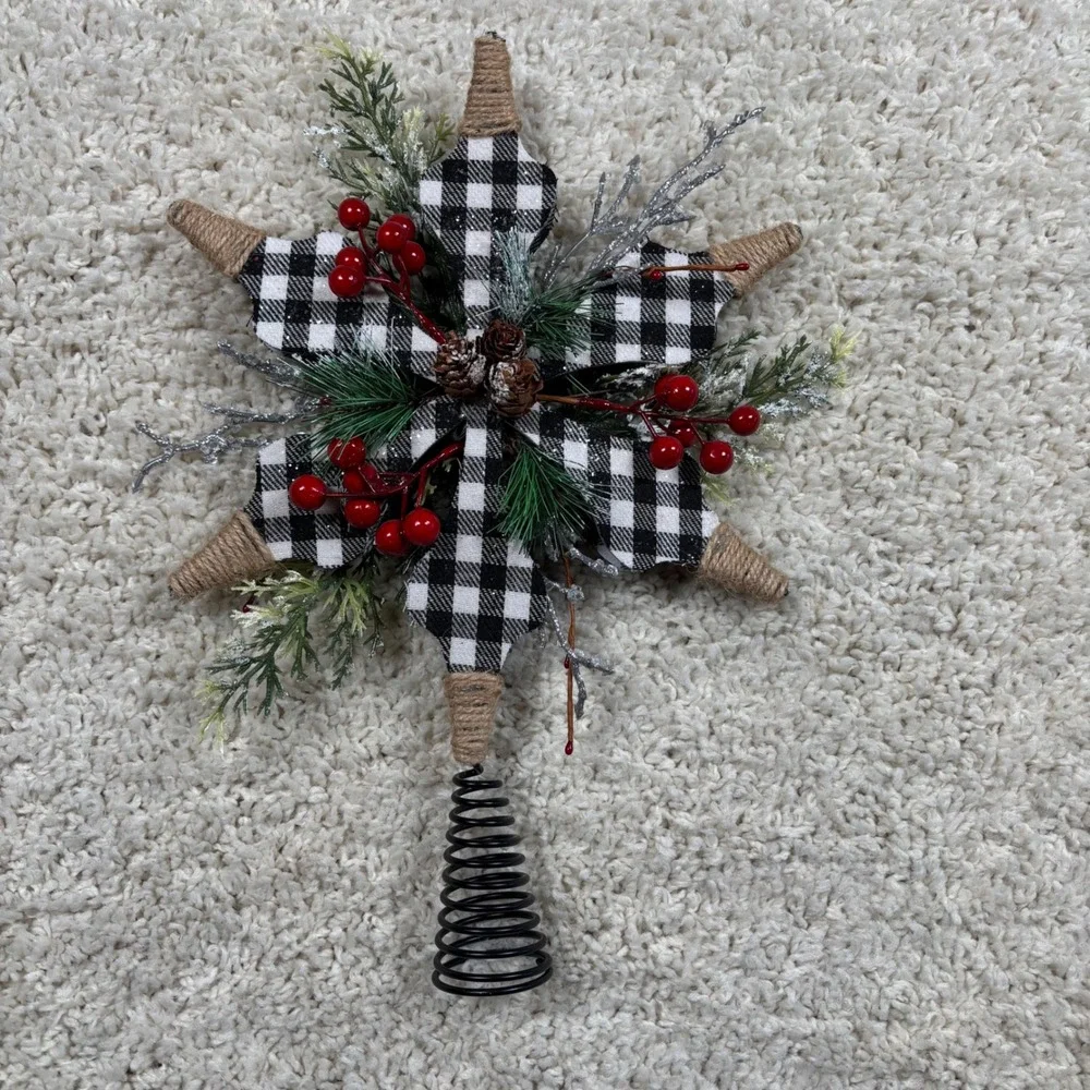 Farmhouse Buffalo Plaid Star Tree Topper Black‎ White Rustic Christmas Decor